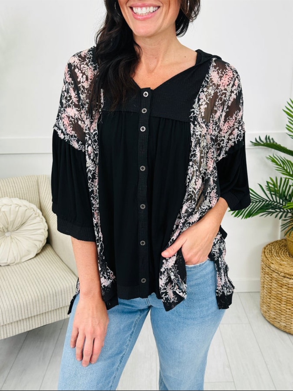 137 POL - Black Button-Front Top with Pink Floral Panels